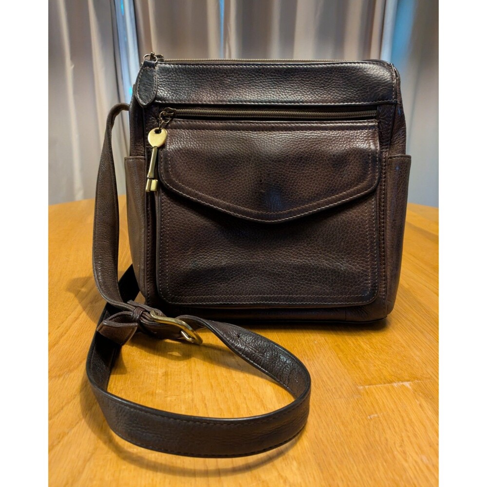 Vintage Fossil 1954 Pebbled Dk Brown Leather Crossbody Shoulder Bag Purse 75082